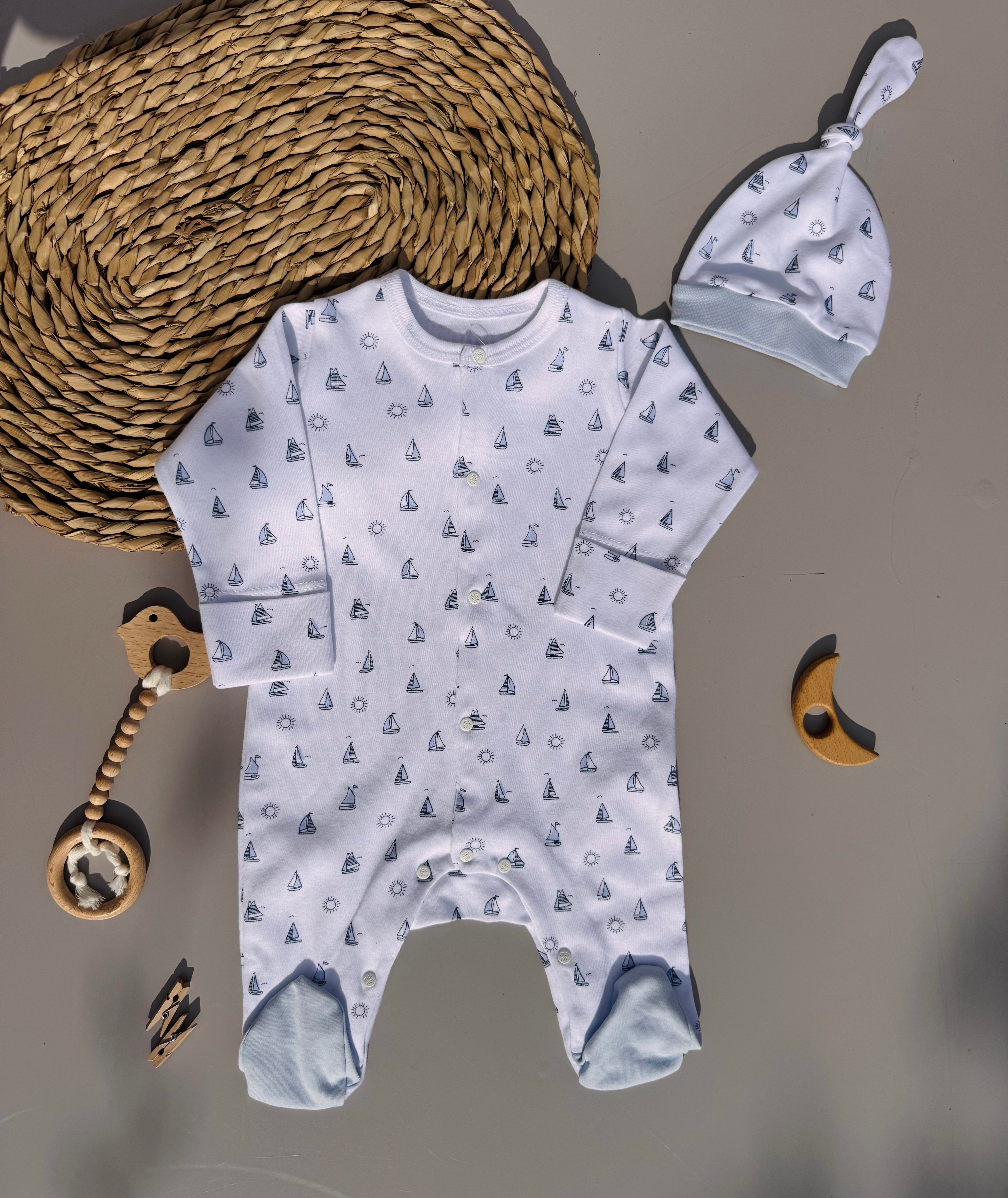 Blue marin cotton overall with hat