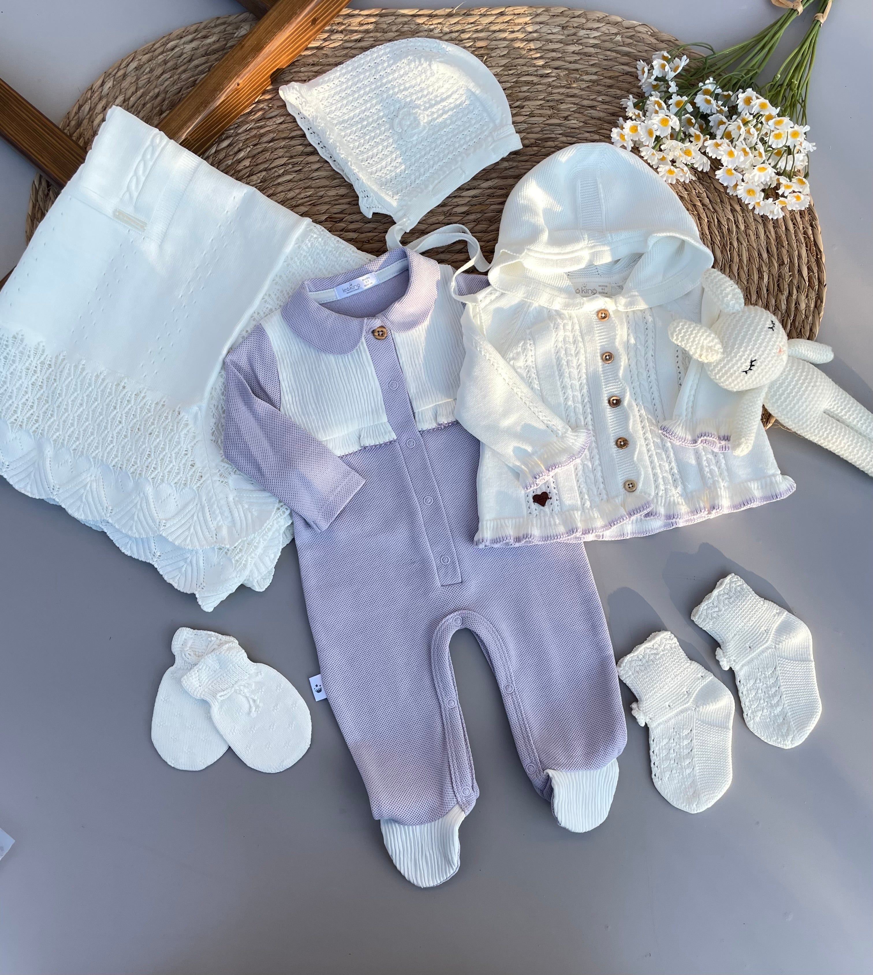 Purple and white overall with jacket