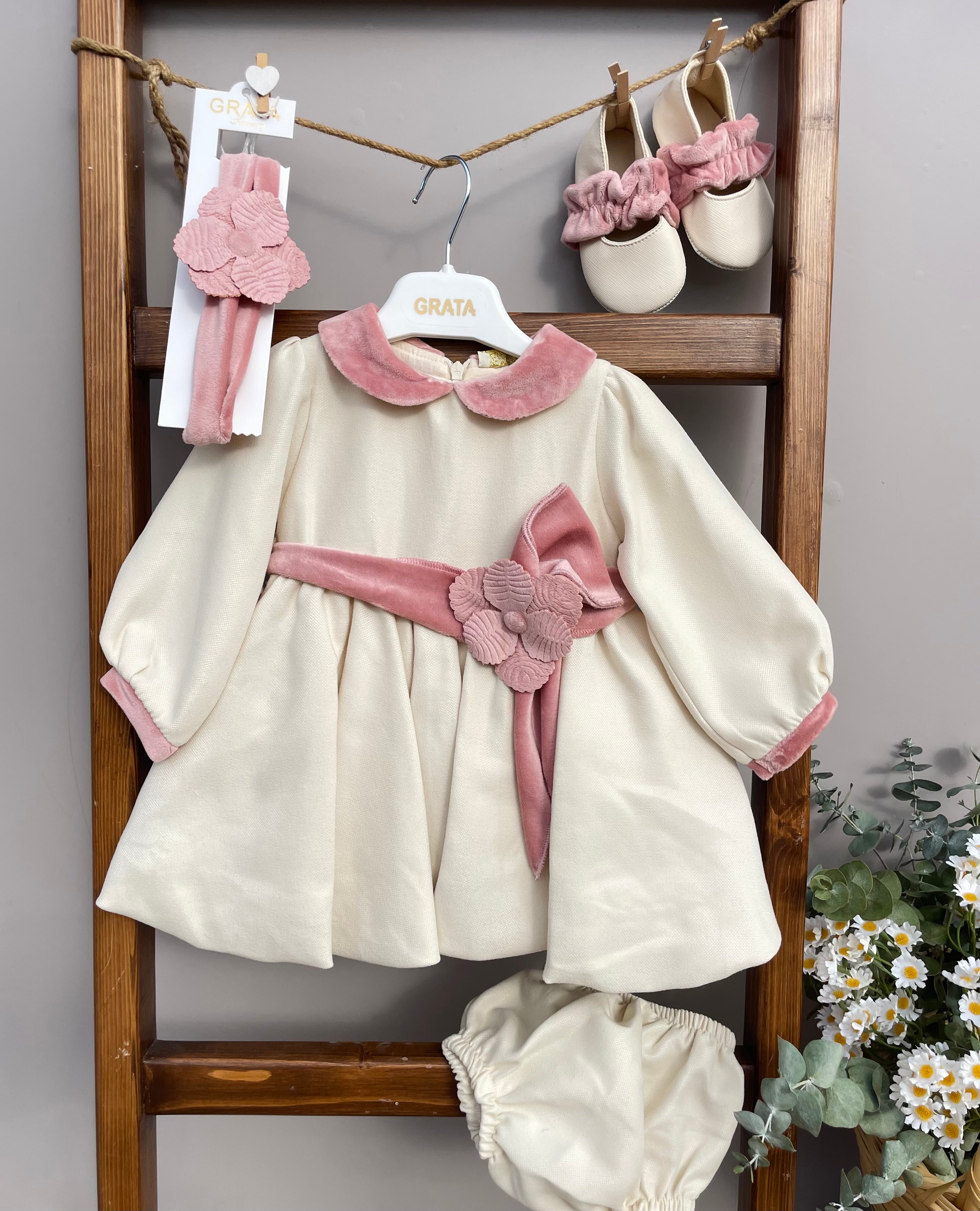 Beige And Pink Velvet Dress set 4 pcs