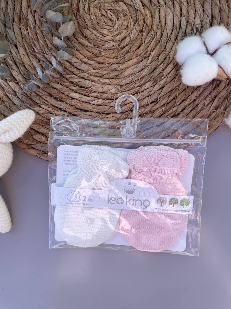 White And Pink Organic Cotton Mittens