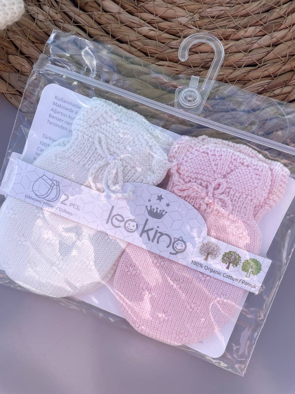 White And Pink Organic Cotton Mittens