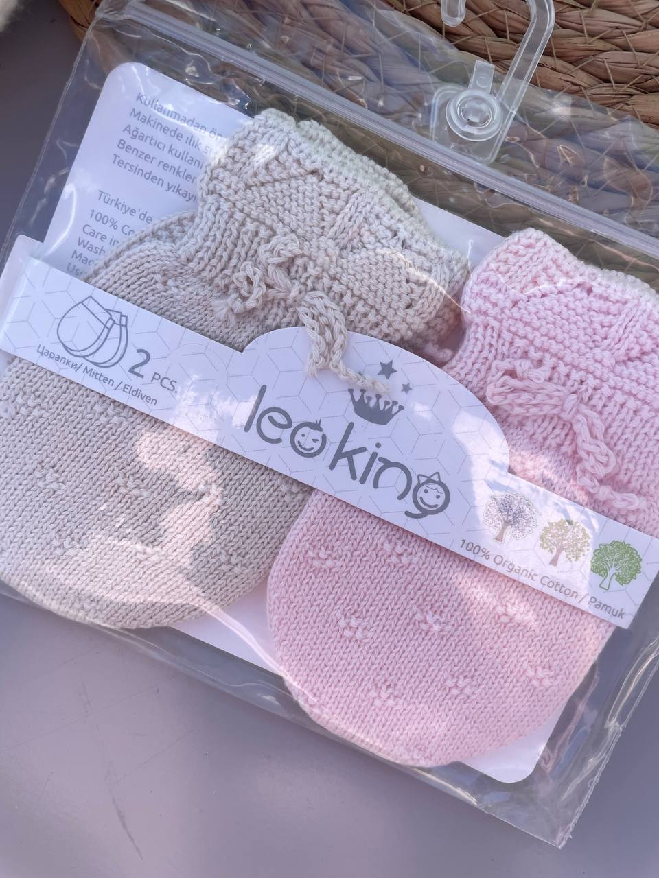 Beige And Pink Organic Cotton Mittens