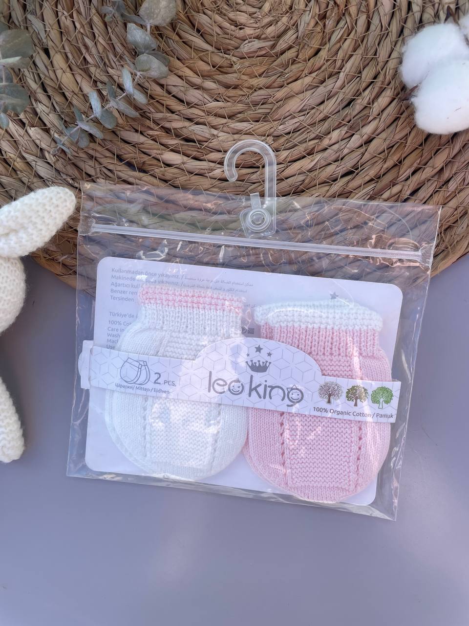 White And Pink Organic Cotton Mittens