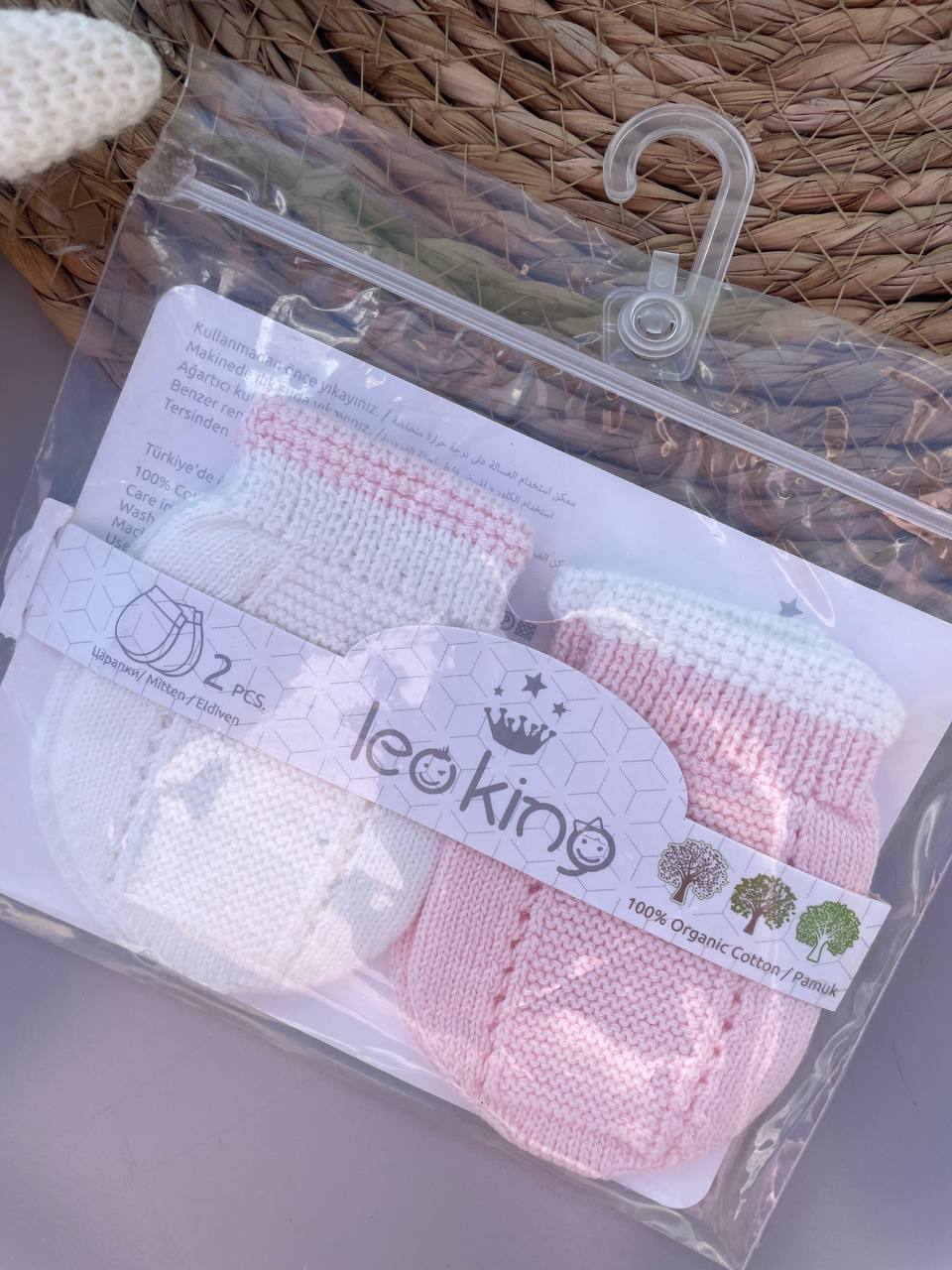 White And Pink Organic Cotton Mittens