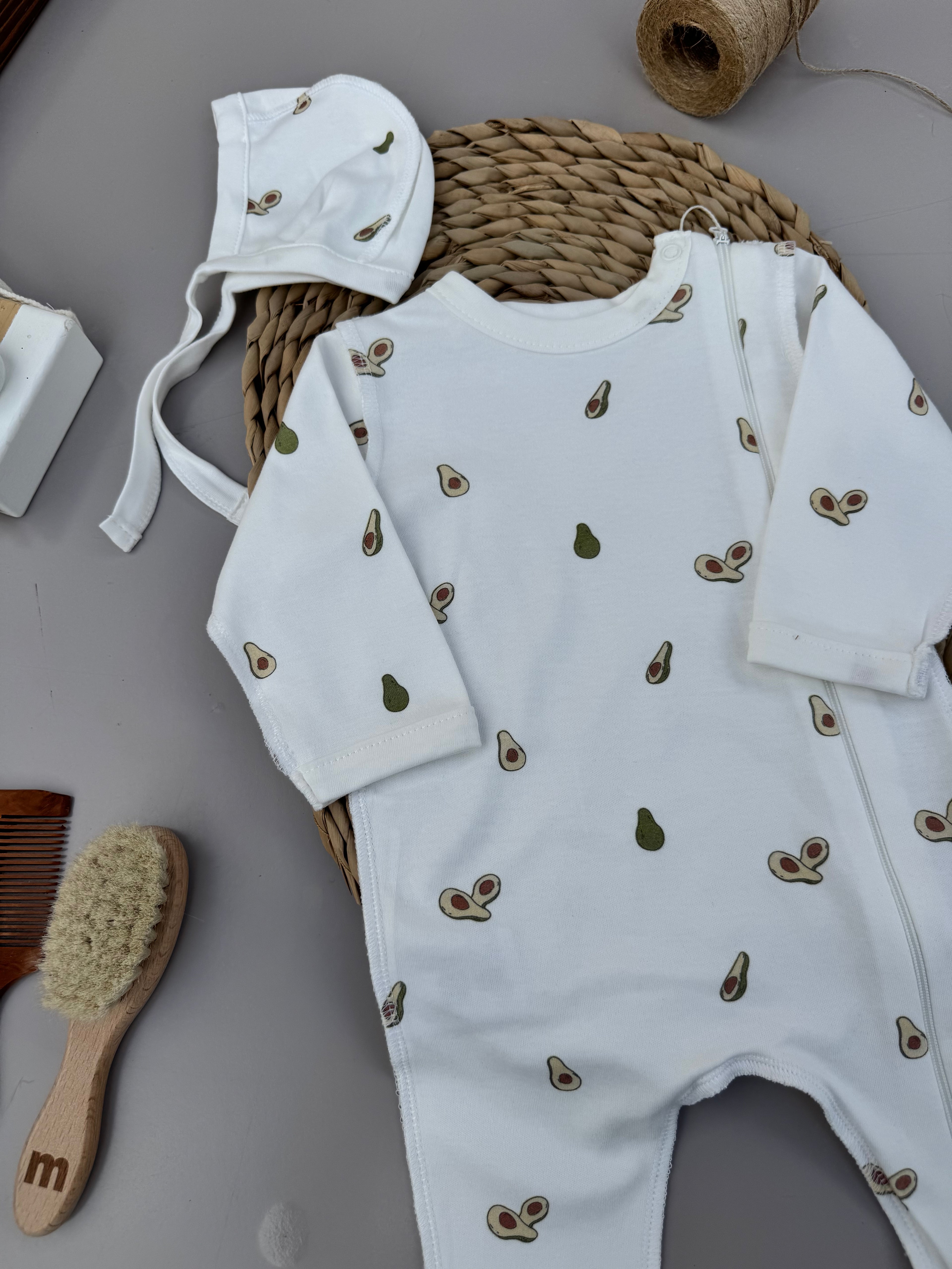 White avocado cotton overall with hat