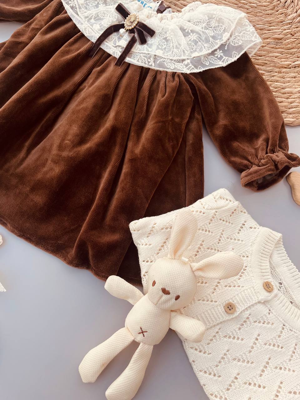 Brown Velvet Dress With Jacket And Socks