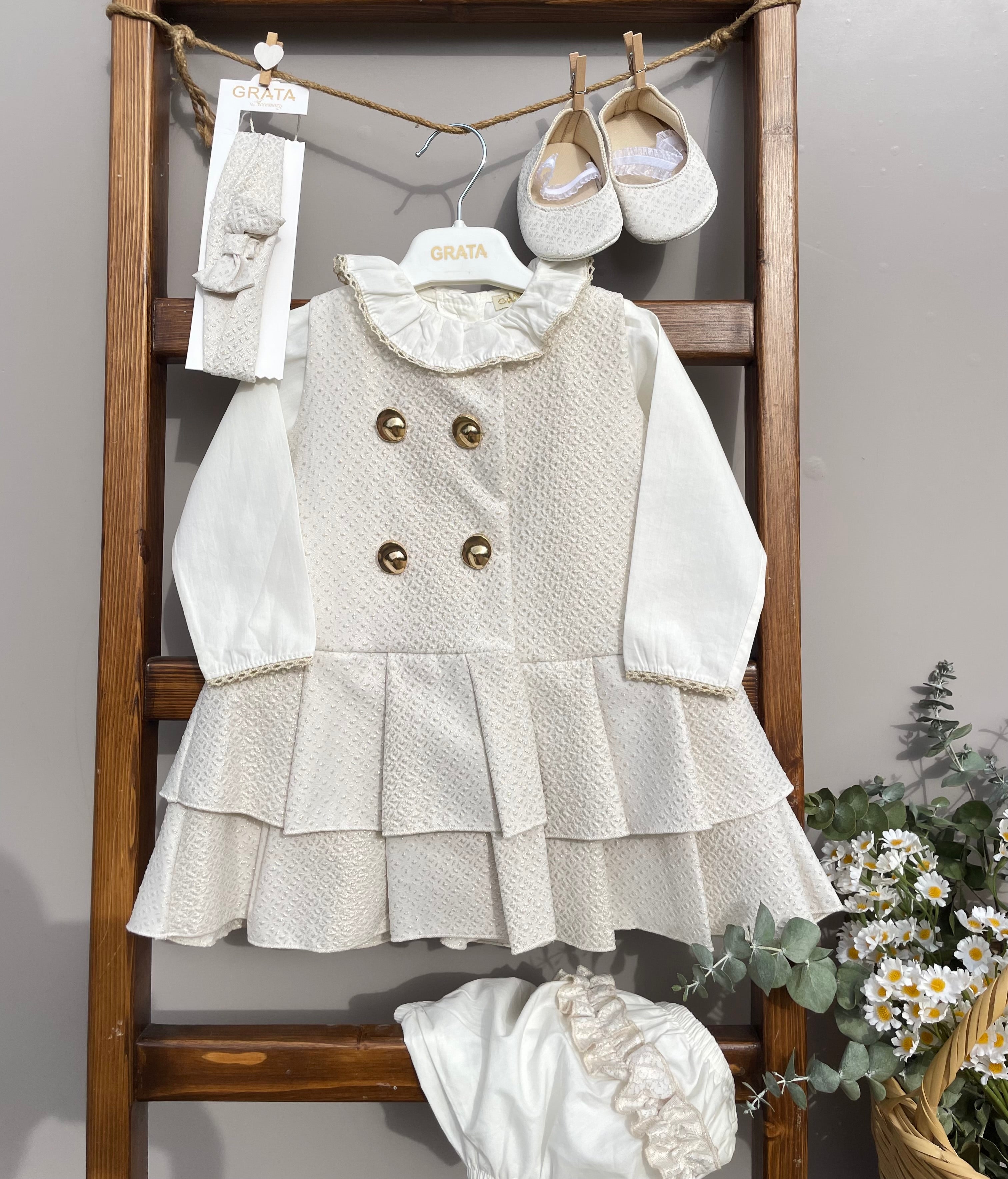 Beige And White Dress set 5 pcs