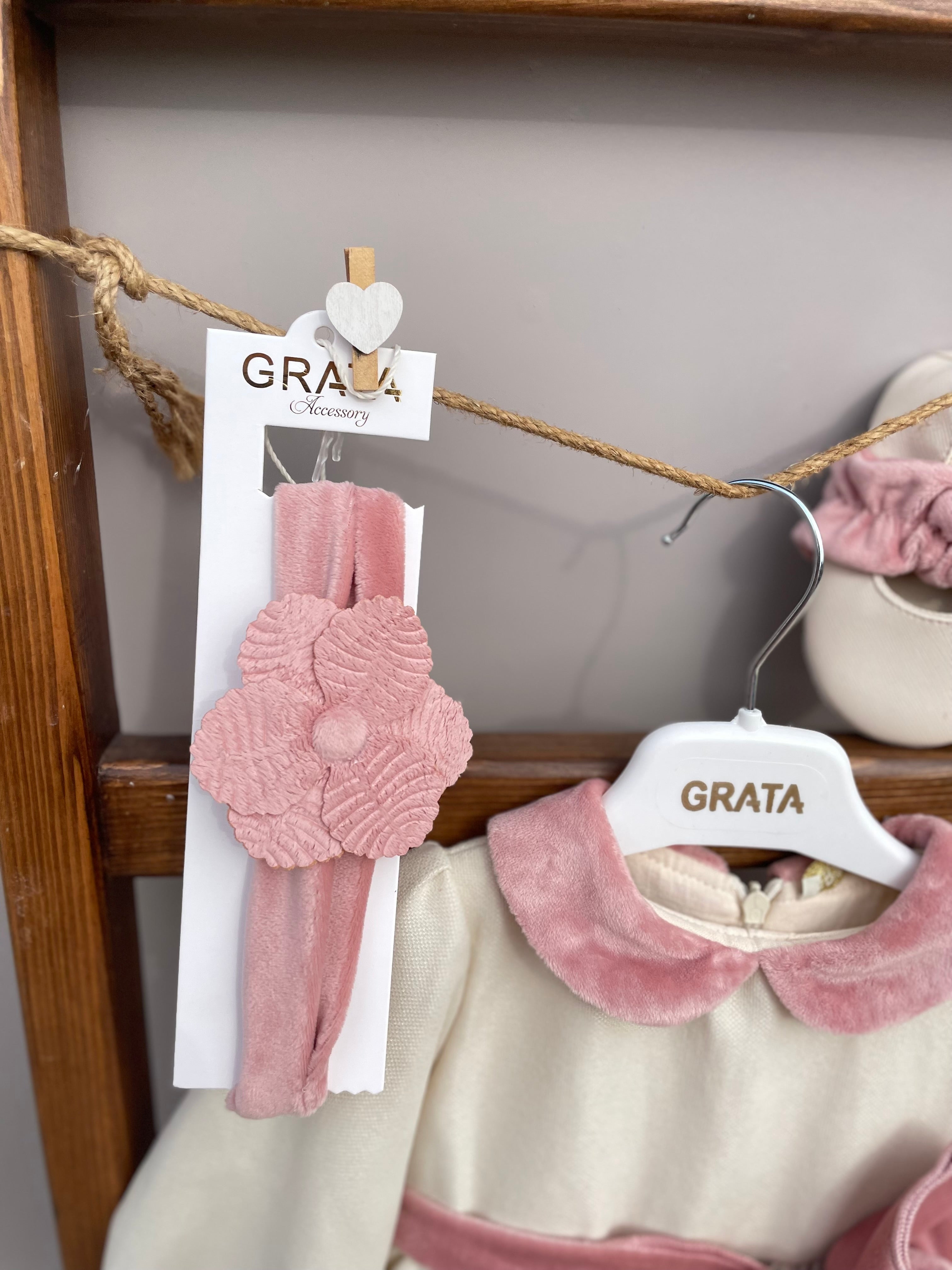 Beige And Pink Velvet Dress set 4 pcs