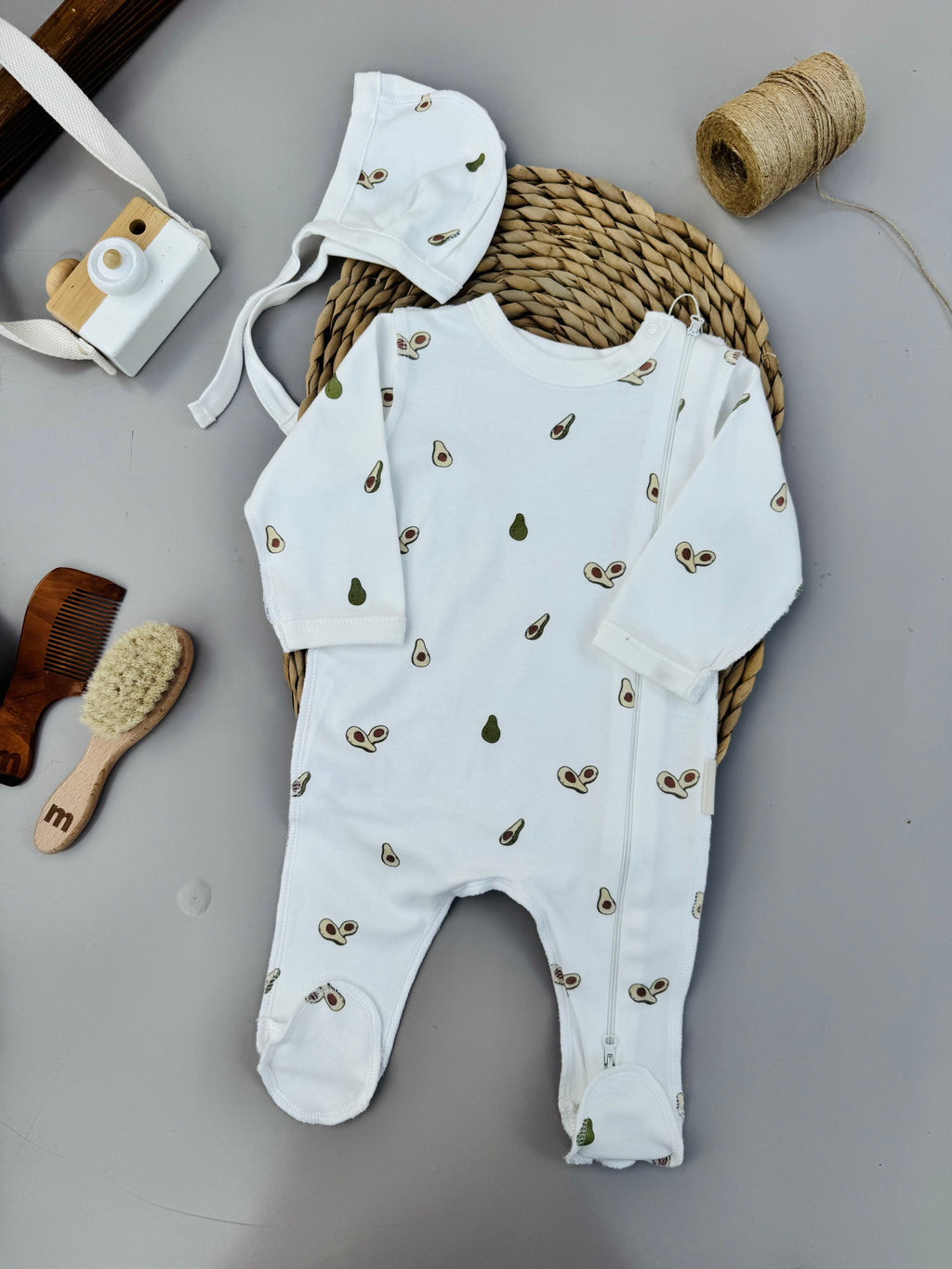 White avocado cotton overall with hat