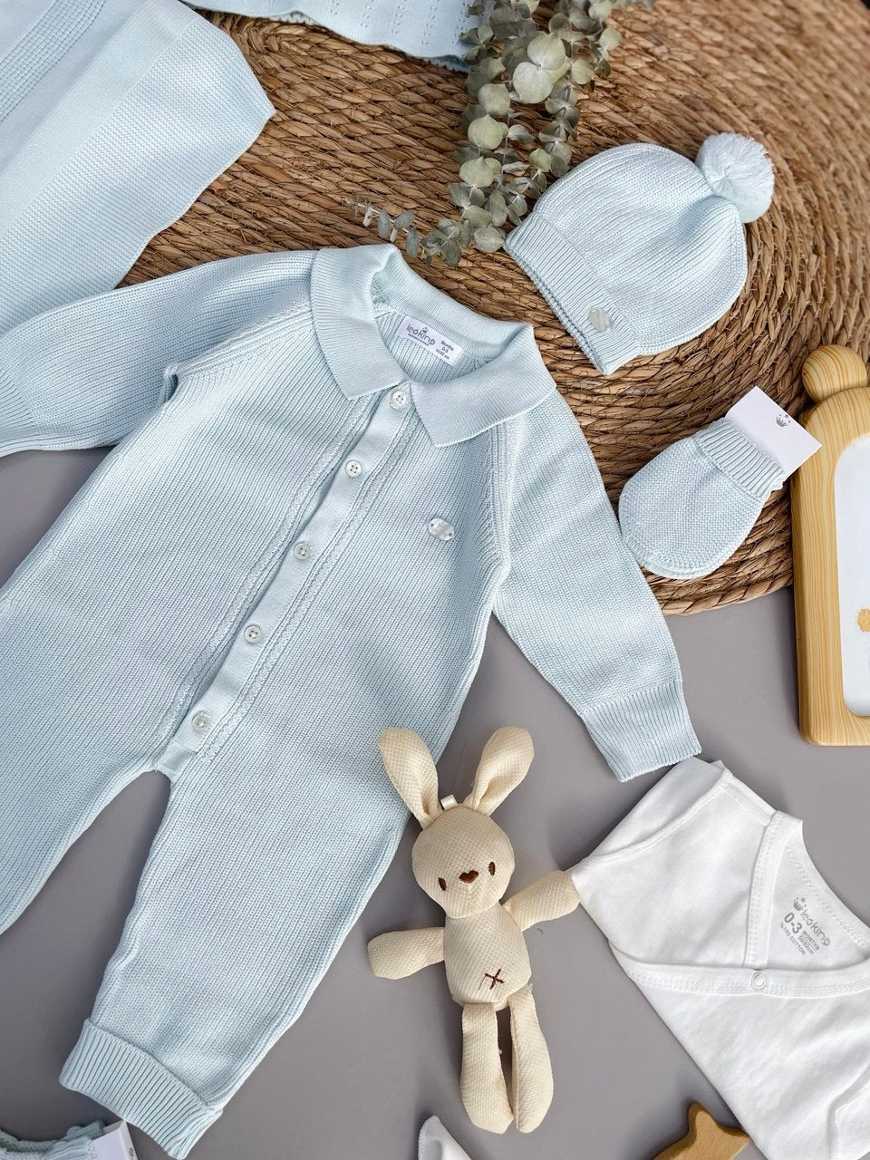Baby Blue Spanish Design Knit Cotton Hospital Set 8 Pcs