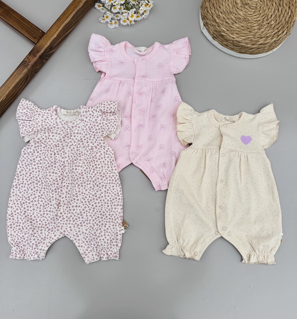 Beige , Pink And Leopard  100% Cotton 3 Rompers