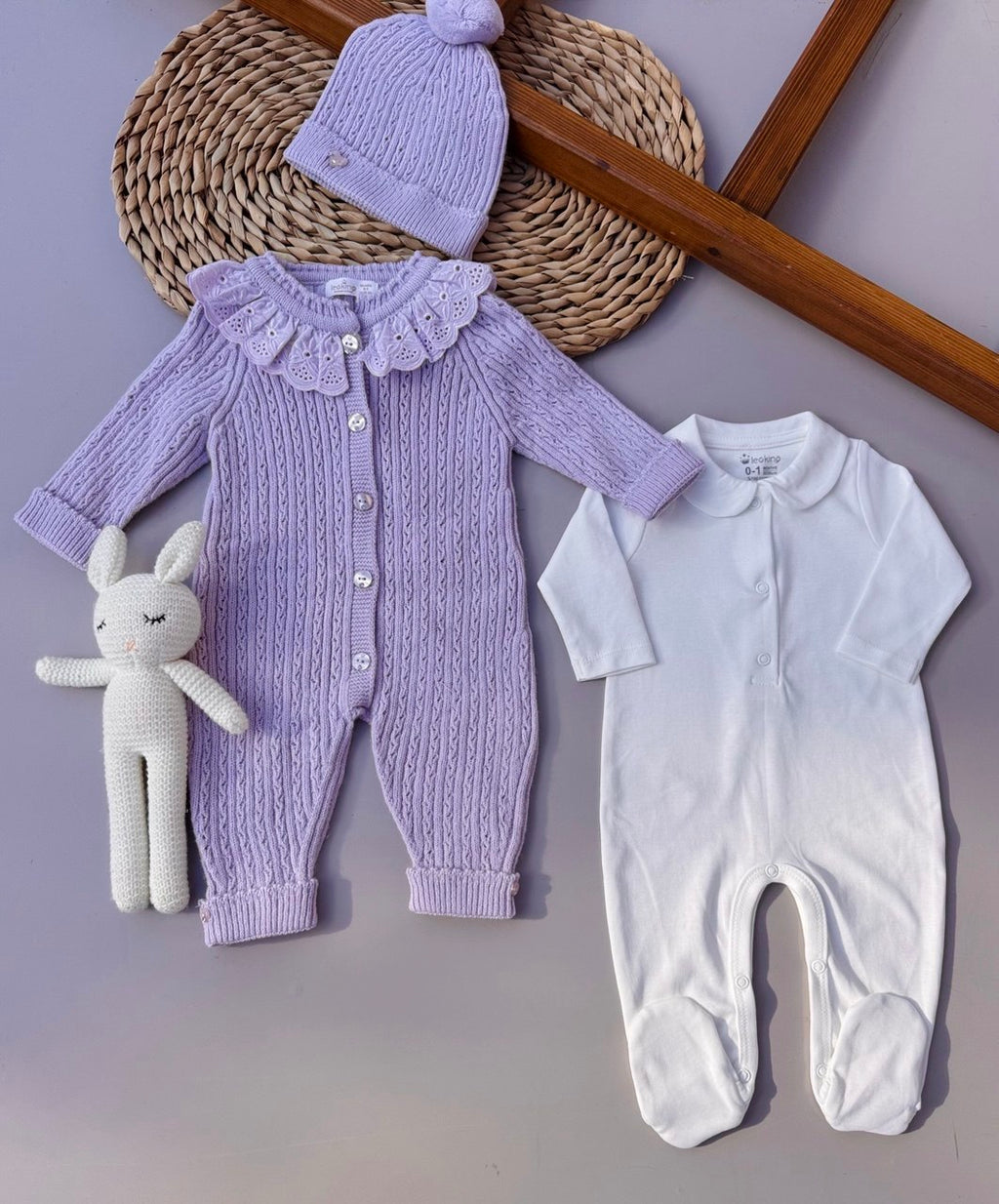 Lila Ruffles Spanish Design 3 pcs Wool Overall with basic Overall And Hat
