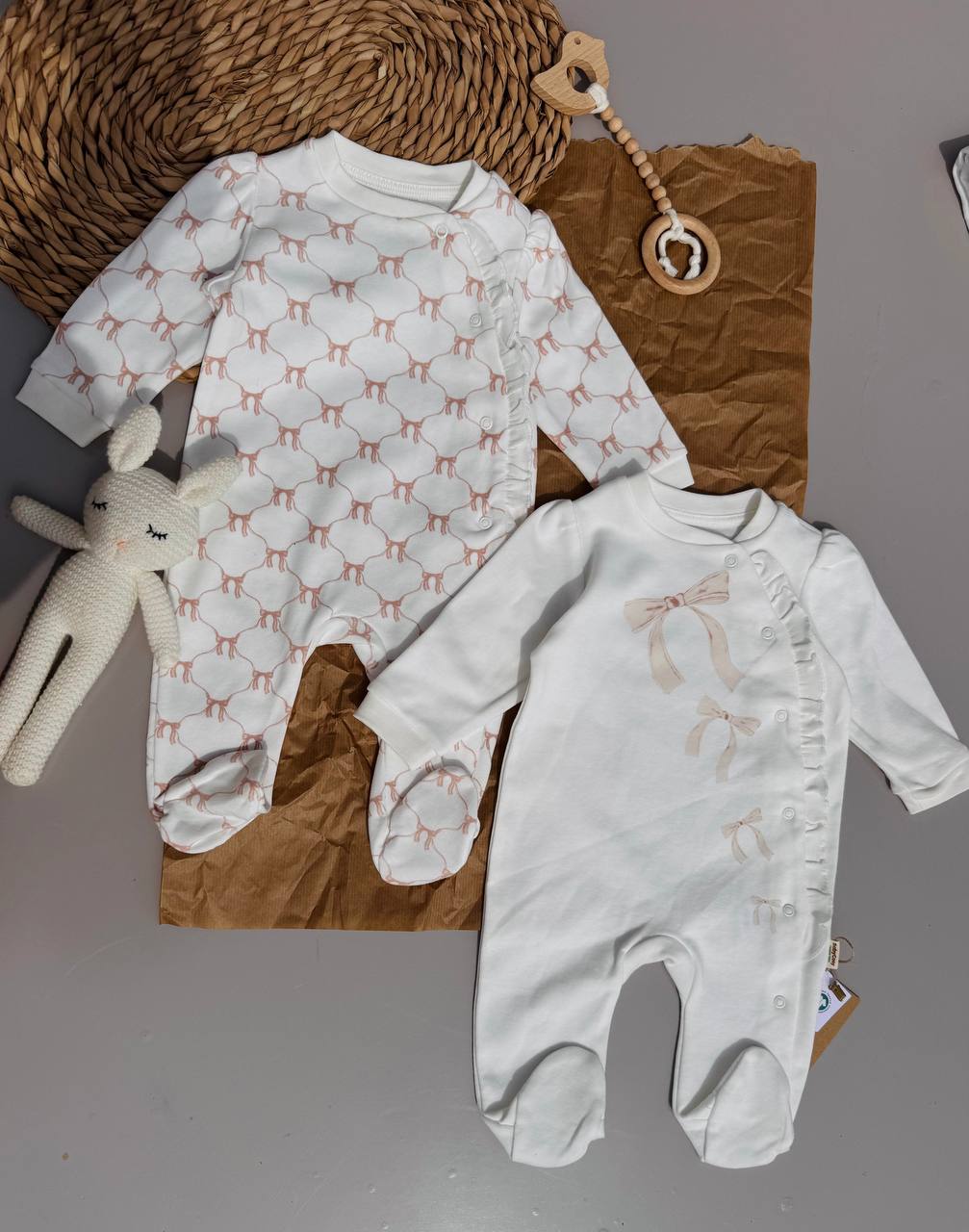 White And Pink Bows Organic Cotton 2 Overalls ( GOTS certified )