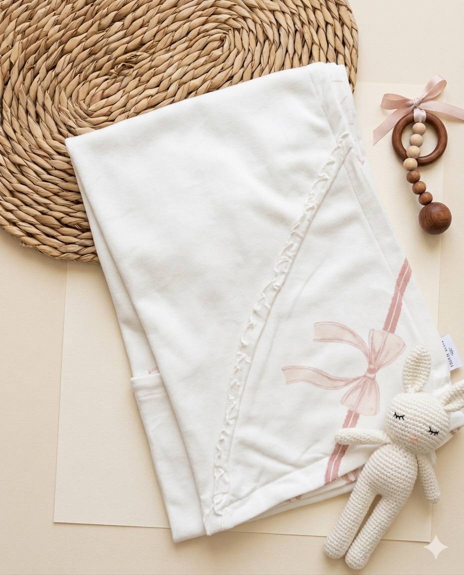 White And Pink Bows Blanket GOTS Certified