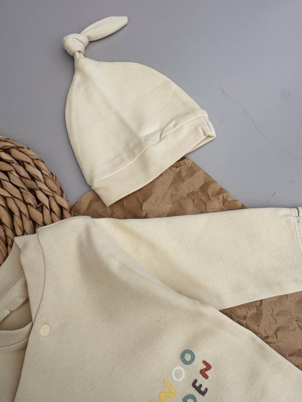 Beige Playful cotton overall with hat