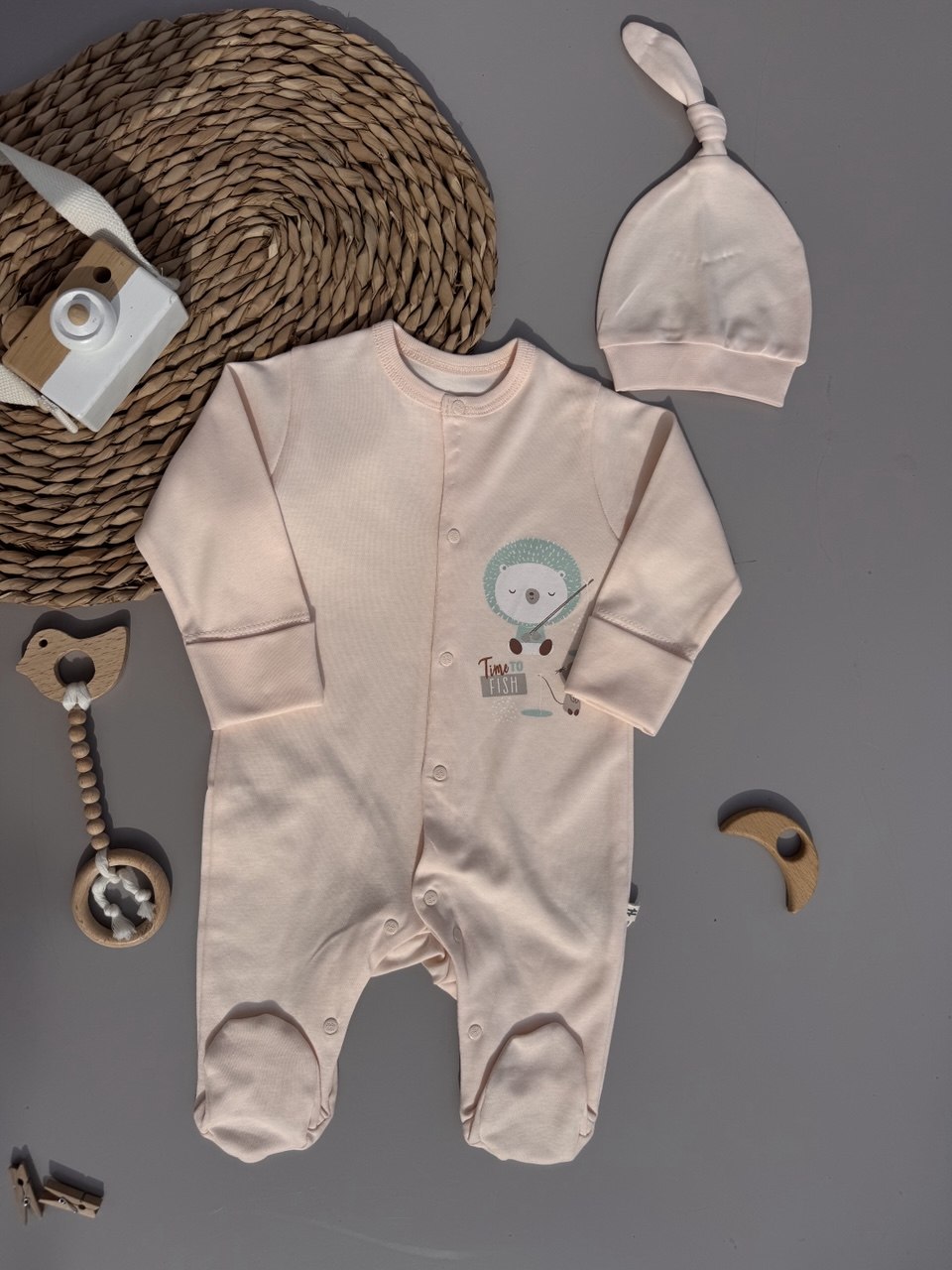 Light Peach Time To Fish cotton overall with hat
