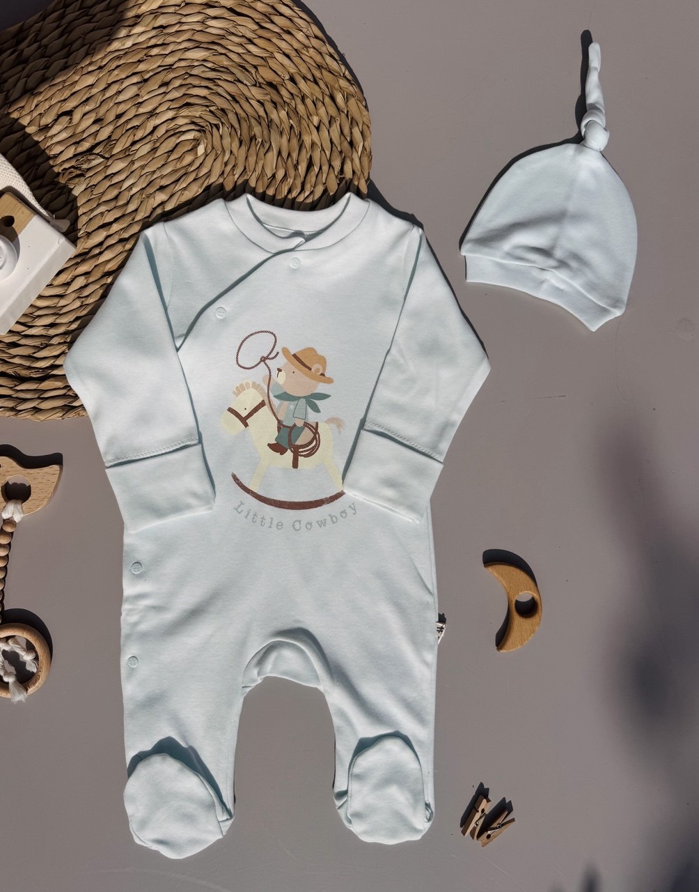 Baby Blue Cowboy cotton overall with hat
