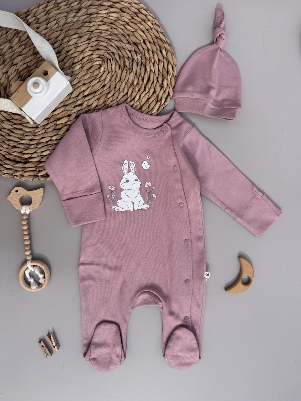 Sweet Bunny Mauve cotton overall with hat