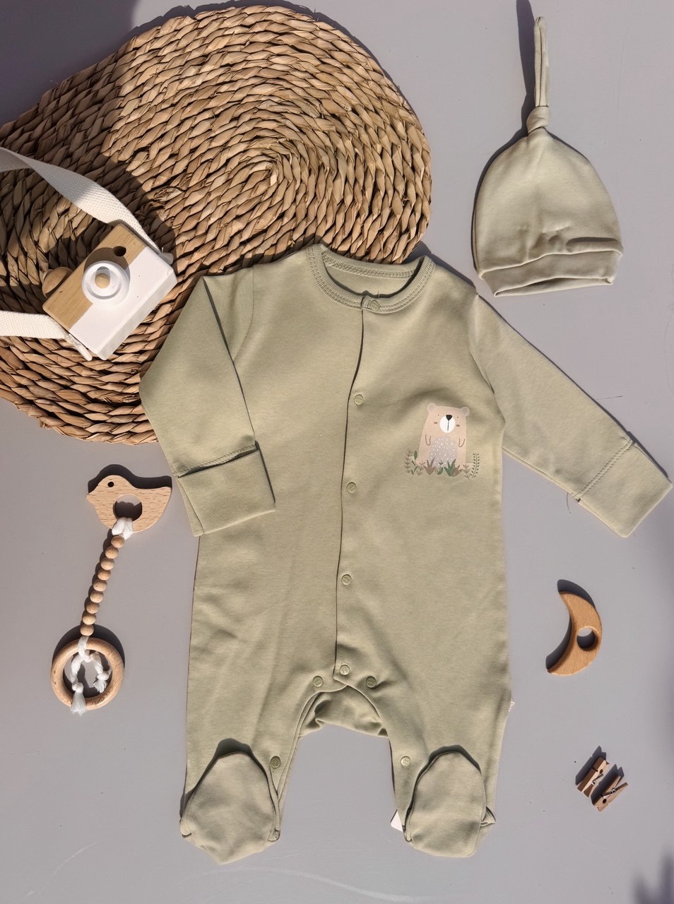 Olive Bear cotton overall with hat