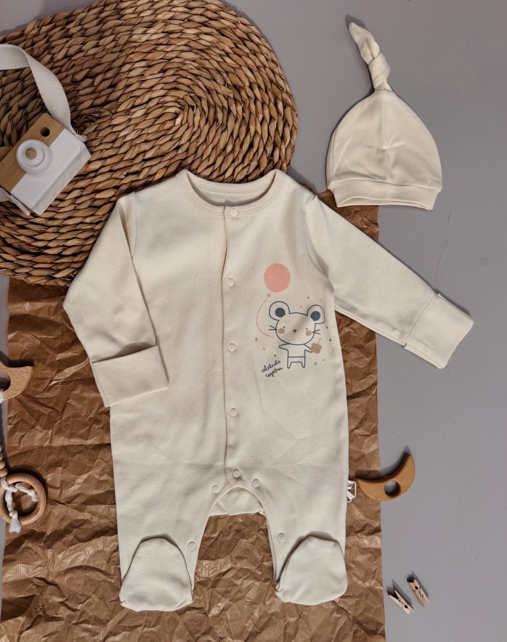 Cream Playful cotton overall with hat