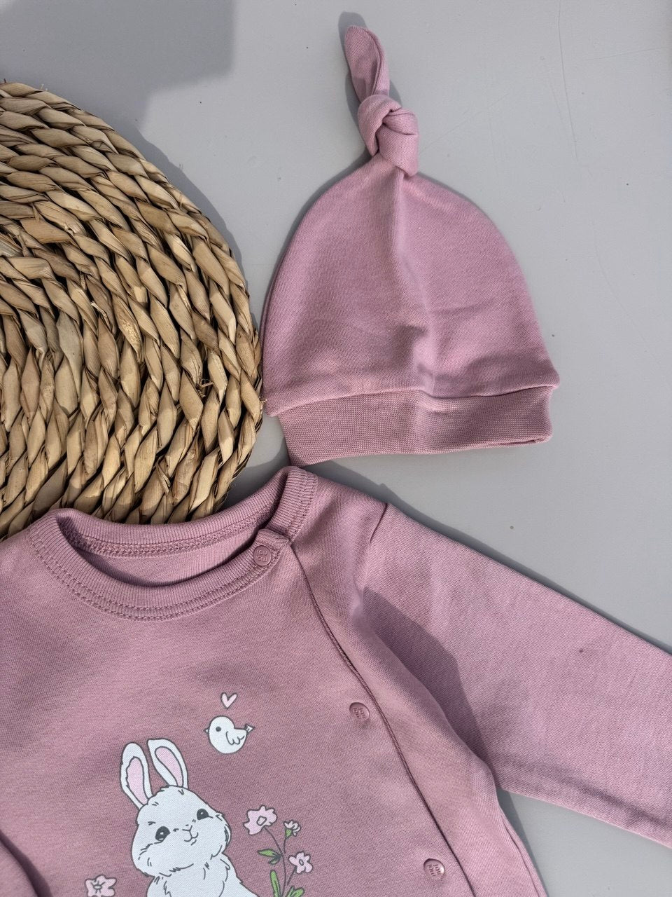 Sweet Bunny Mauve cotton overall with hat
