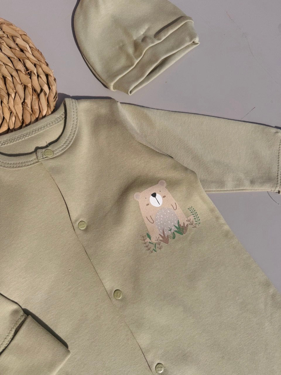Olive Bear cotton overall with hat