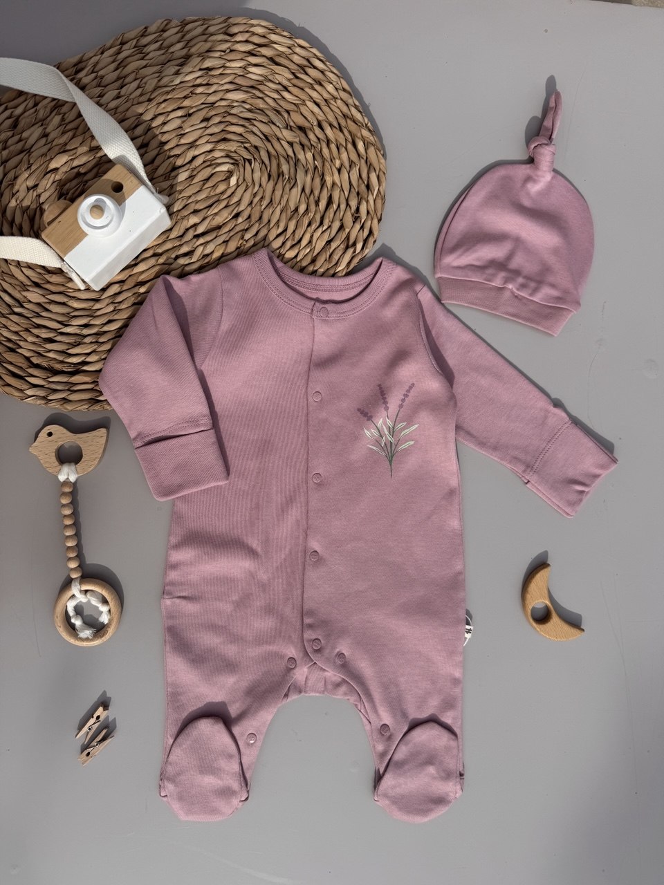 Mauve Lavender cotton overall with hat