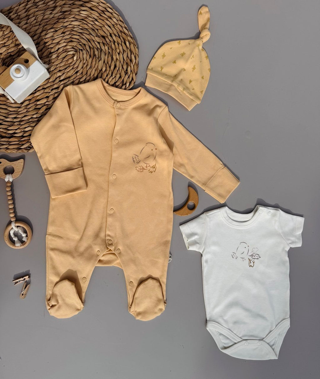 Light Orange Bird cotton overall with hat And Bodysuit