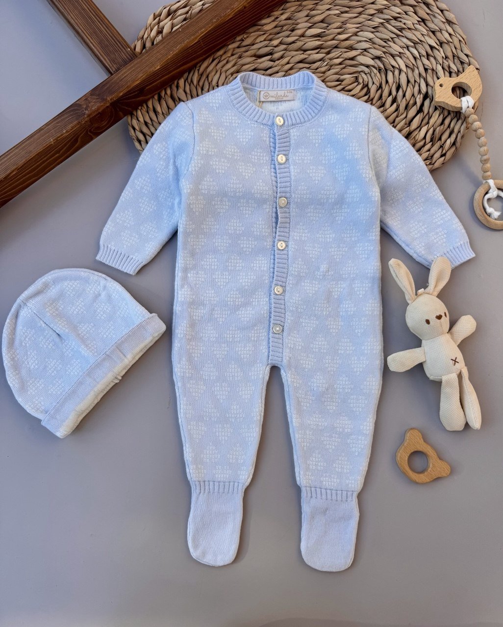 Blue Hearts Soft Wool Overall With Hat - Bambino land