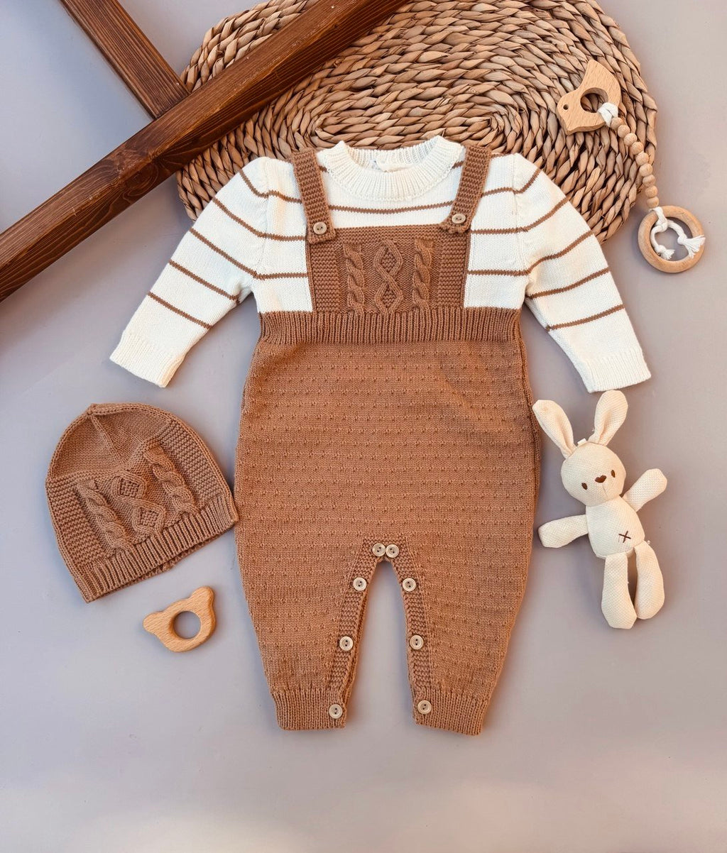 Off-White And Brown Baby Soft Wool Overall With Hat - Bambino land