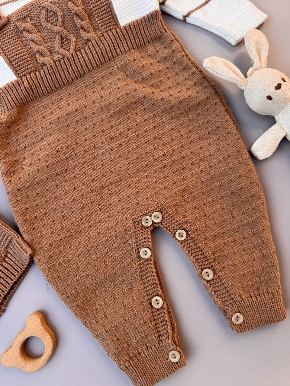 Off-White And Brown Baby Soft Wool Overall With Hat - Bambino land