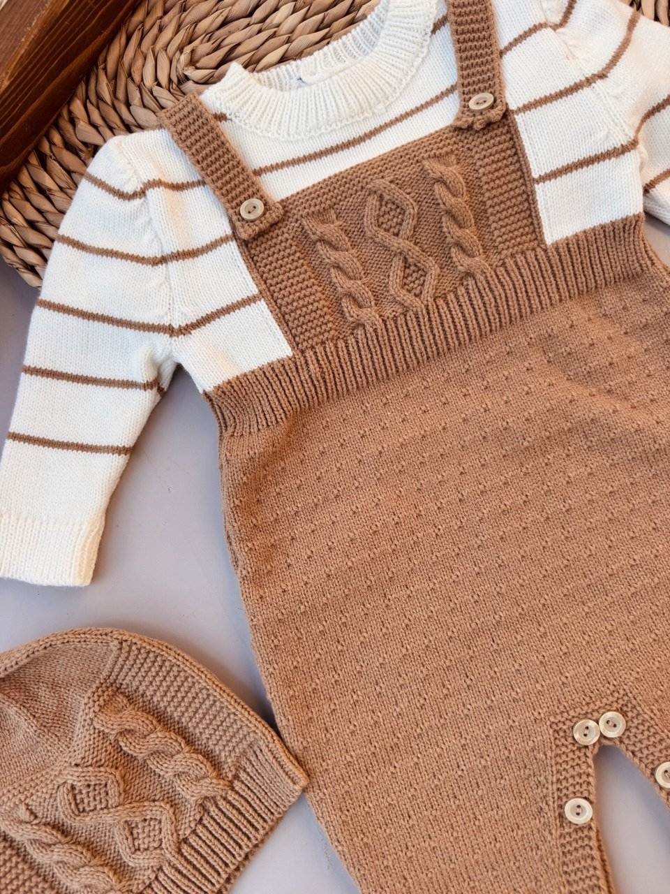 Off-White And Brown Baby Soft Wool Overall With Hat - Bambino land