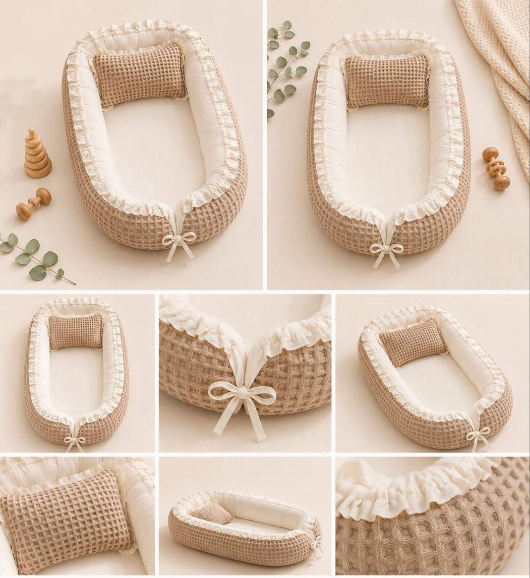 Beige And White Bi Organic Baby Nest With Pillow