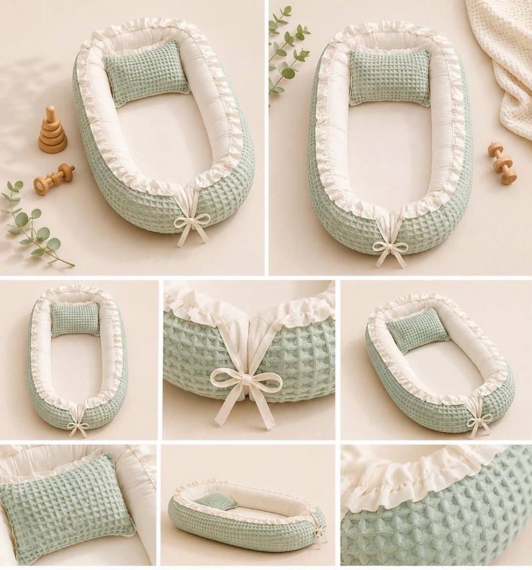 Mint Green And White Bi Organic Baby Nest With Pillow