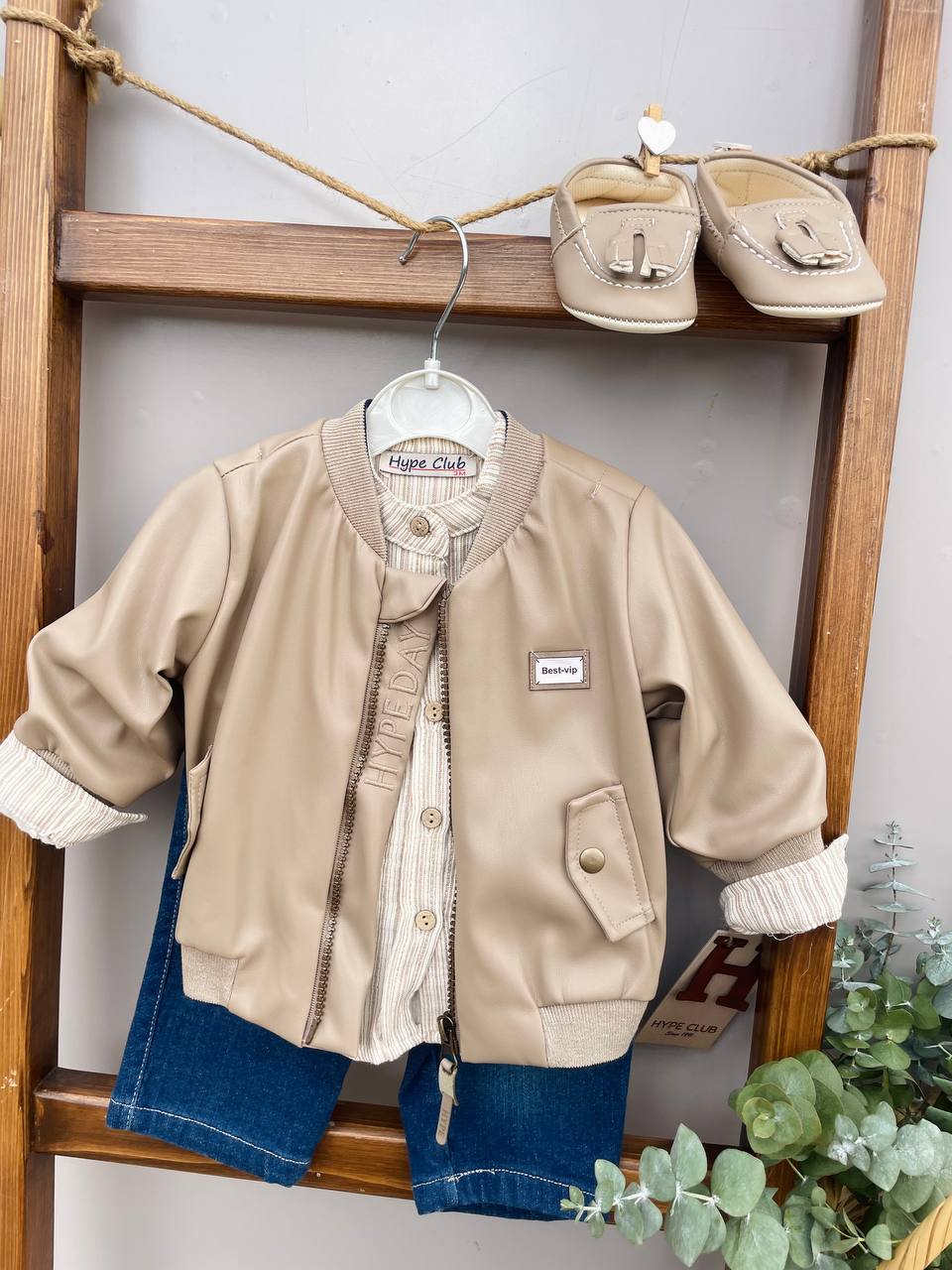 Baby Boy Leather Beige Bomber Set