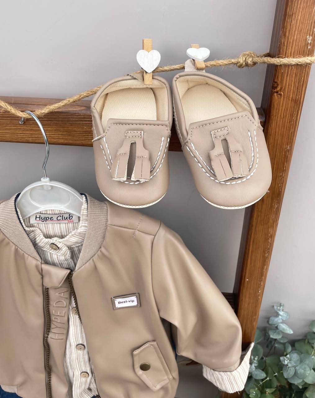 Baby Boy Leather Beige Bomber Set