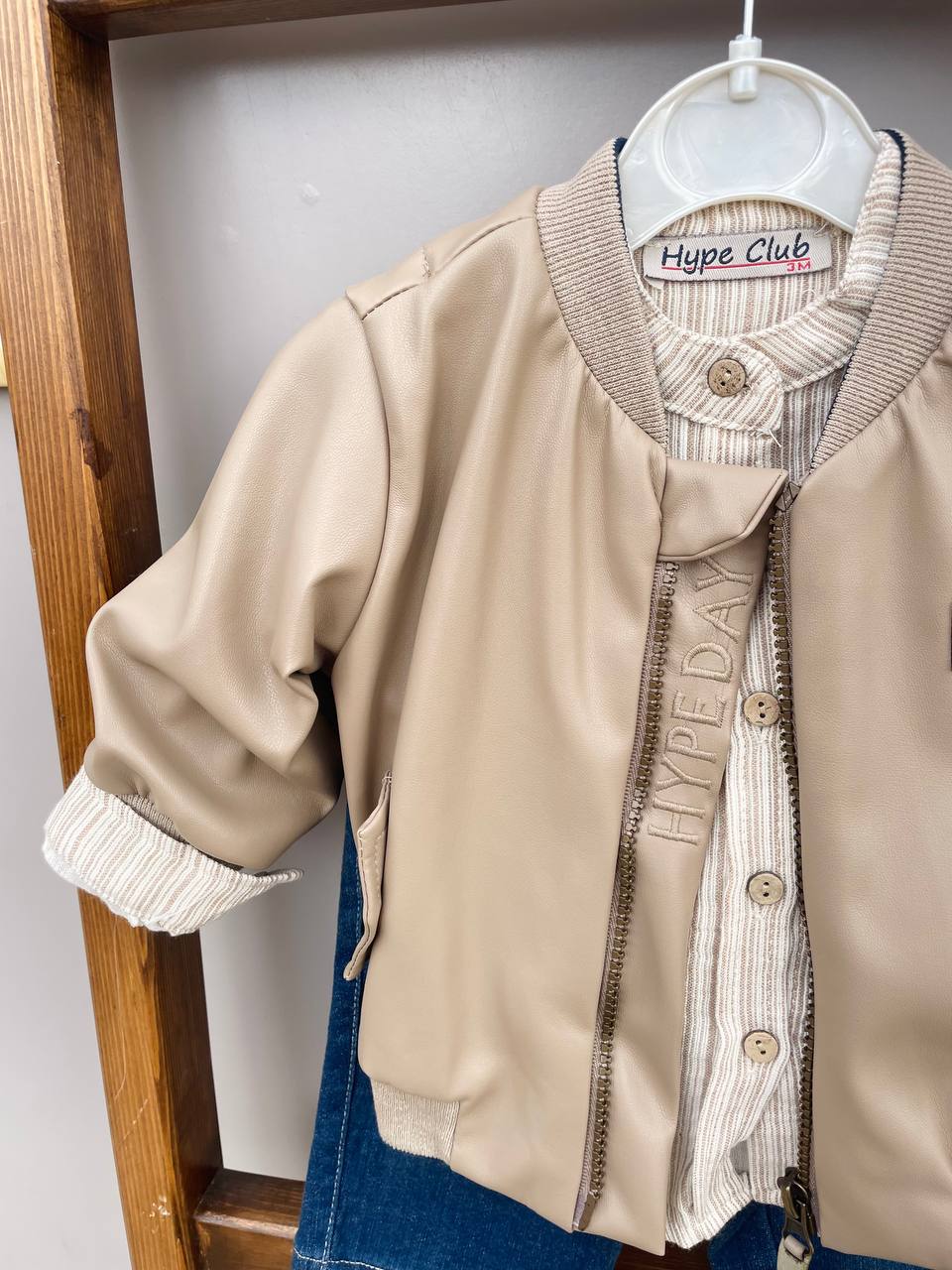 Baby Boy Leather Beige Bomber Set