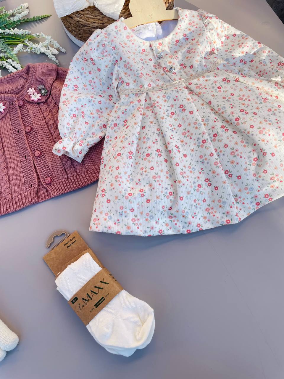 Pink And White Flowers Dress With jacket