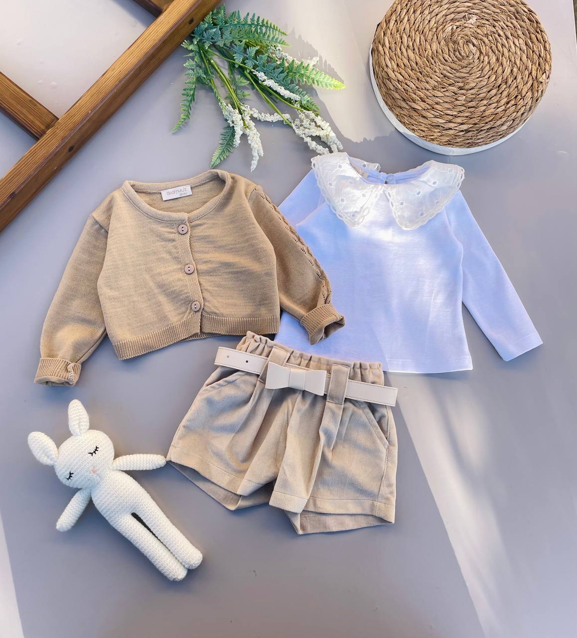 Beige Velvet Short Set 3 Pcs