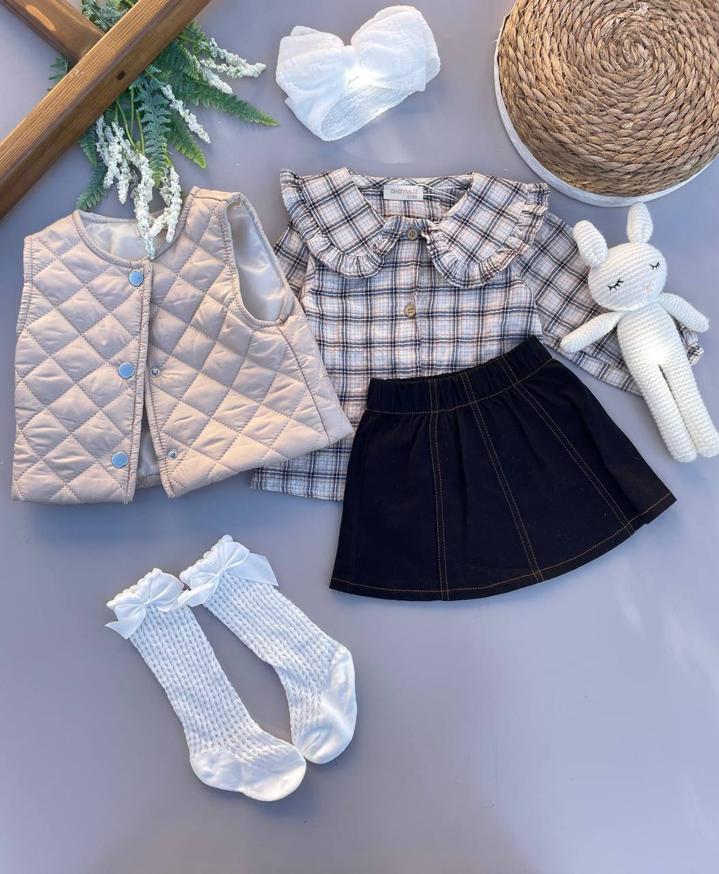 Plaid Blouse & Skirt Set with Quilted Vest