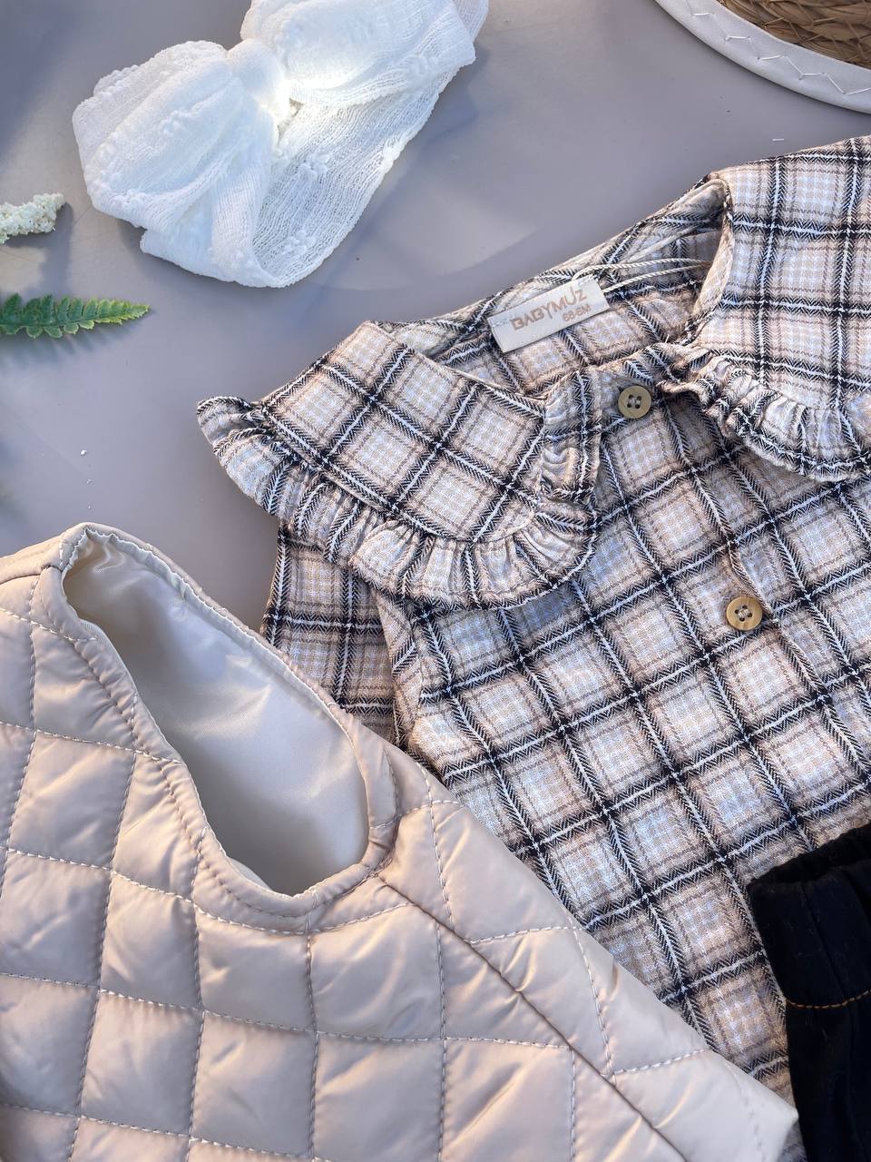 Plaid Blouse & Skirt Set with Quilted Vest