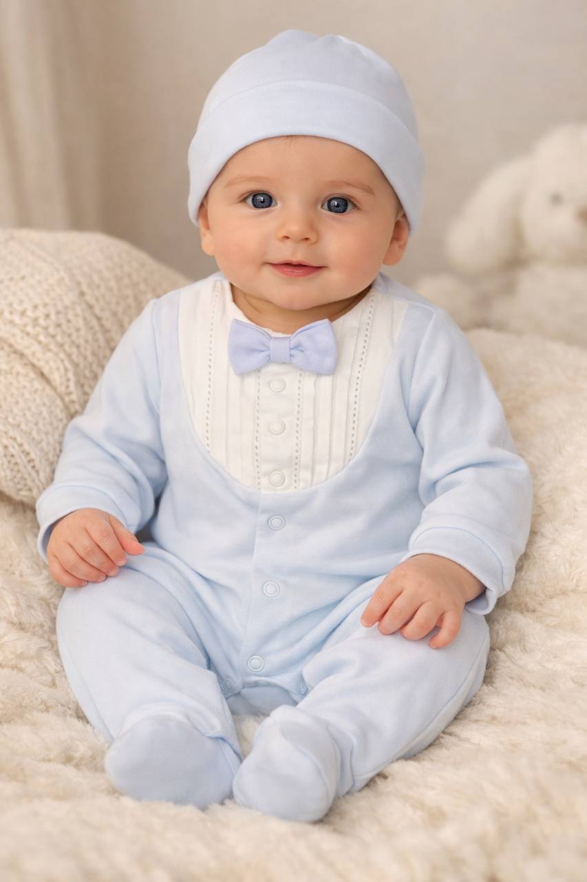 Blue Bow Tie Cotton Overall