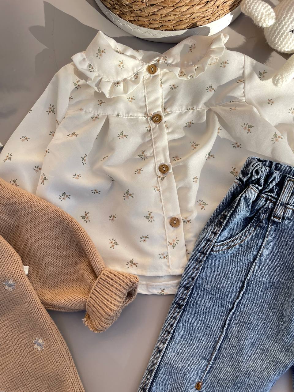 Brown Flowers Jeans Set 3 pcs