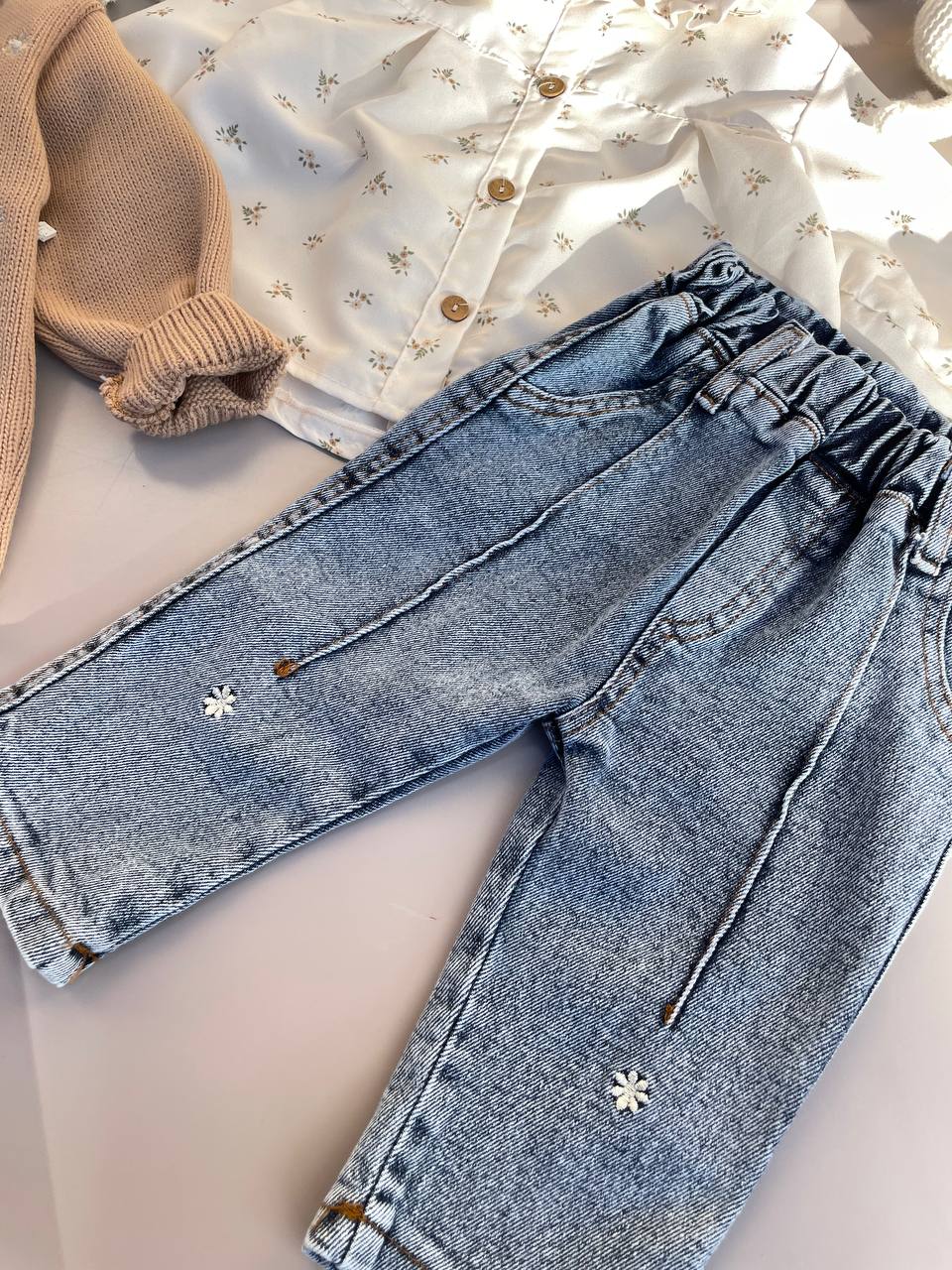 Brown Flowers Jeans Set 3 pcs
