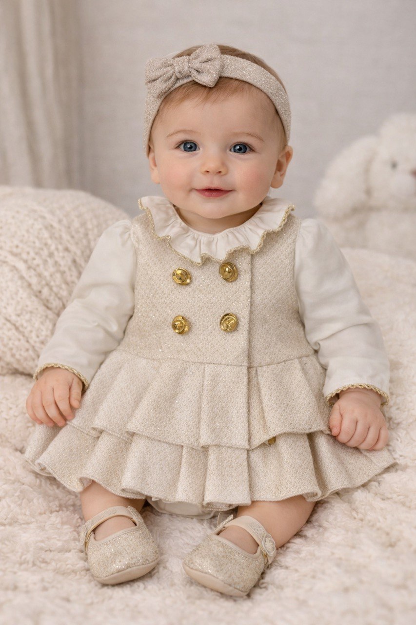 Beige And White Dress set 5 pcs