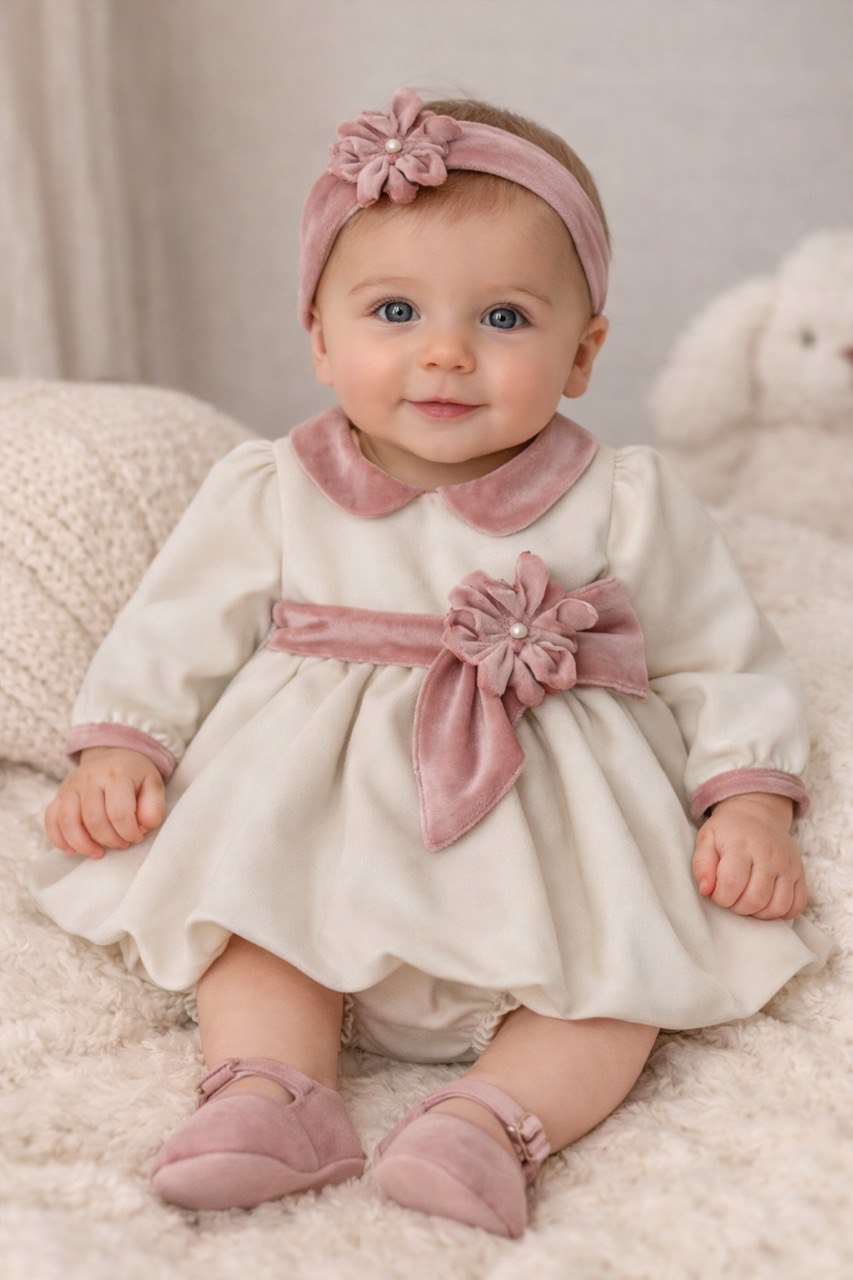 Beige And Pink Velvet Dress set 4 pcs