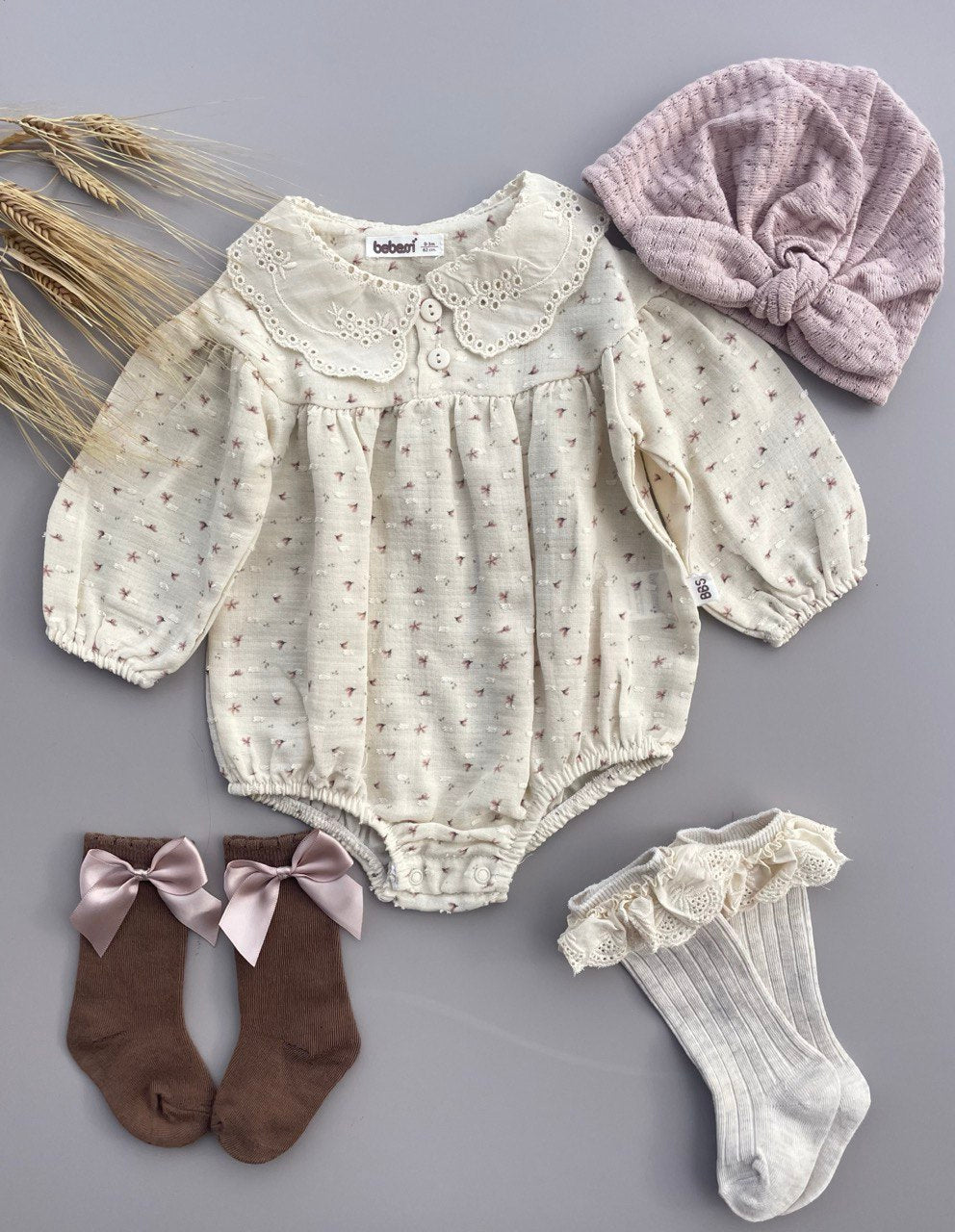 Beige Flowers Muslin Romper