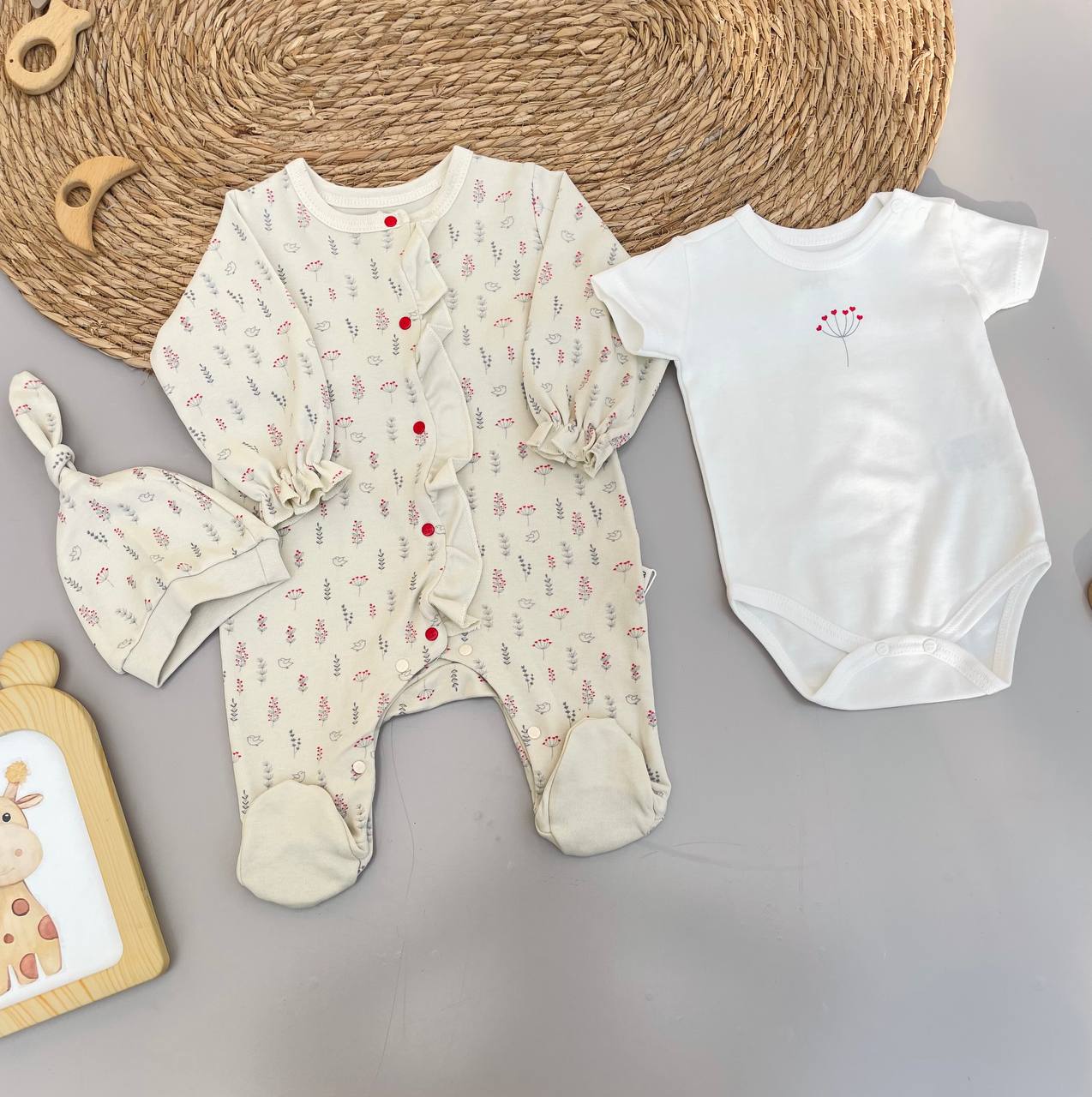 Beige Flowers Cotton Overall