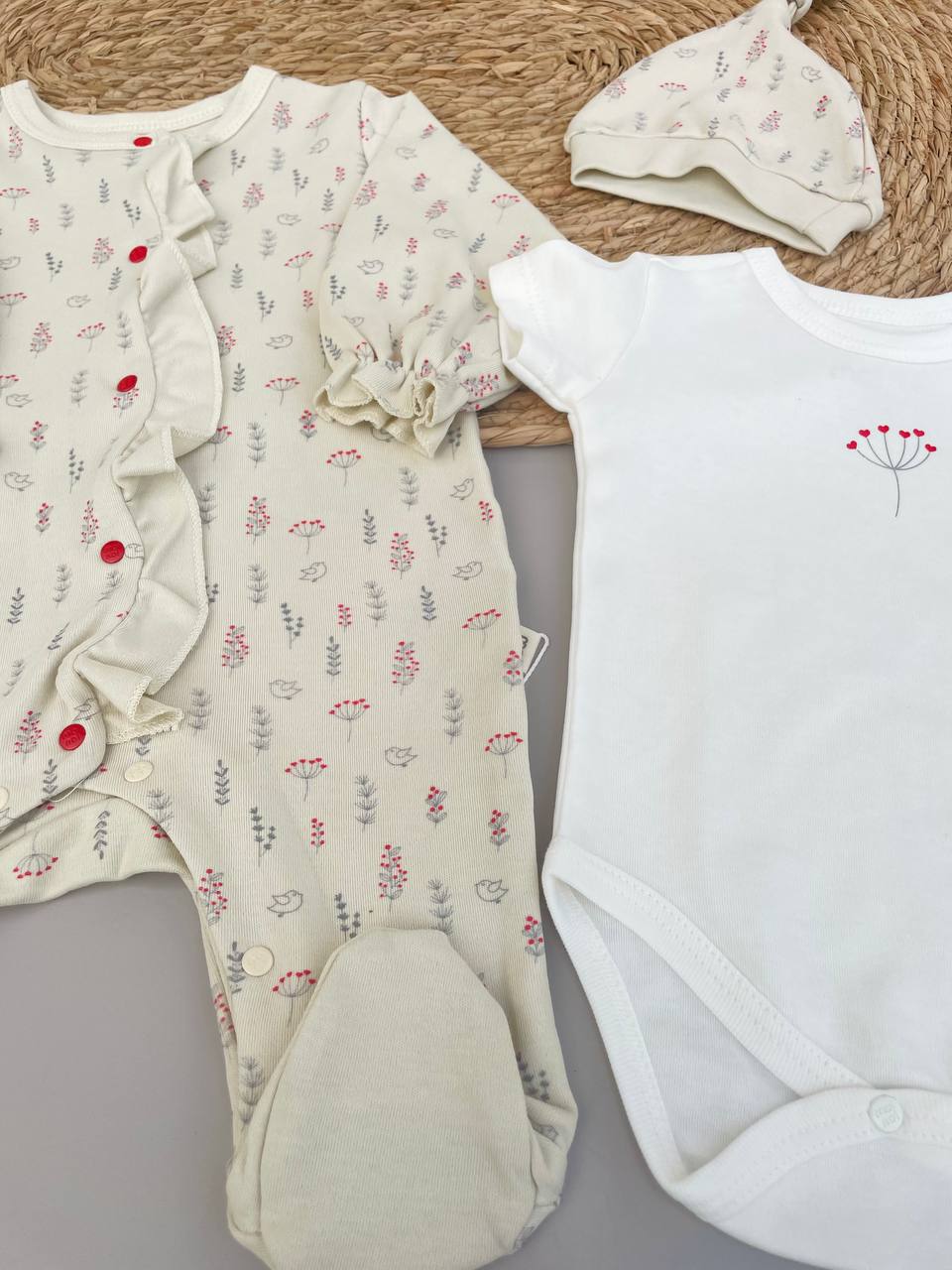 Beige Flowers Cotton Overall