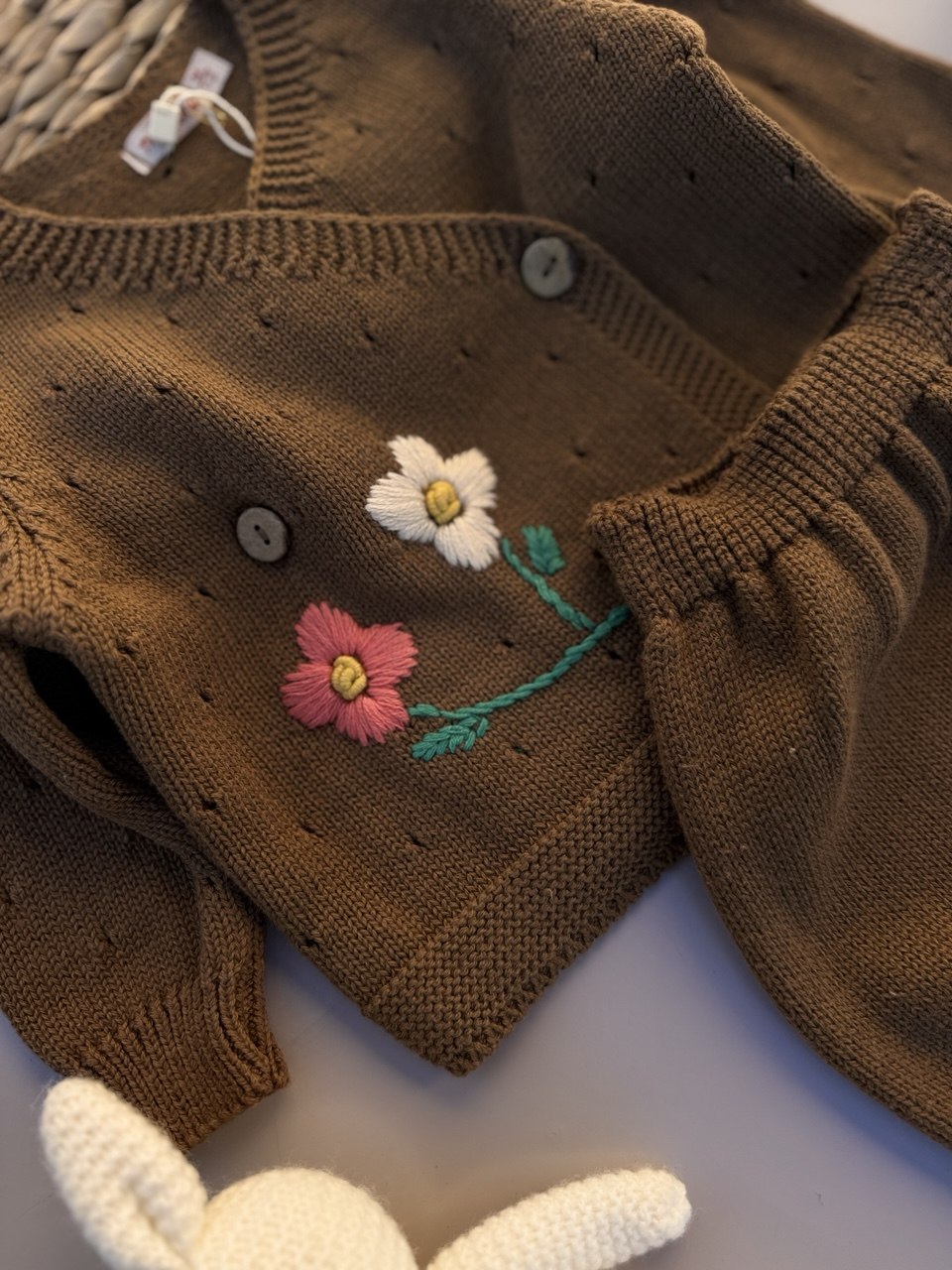 Brown Flowers Embroidered Tricot Set 2 Pcs